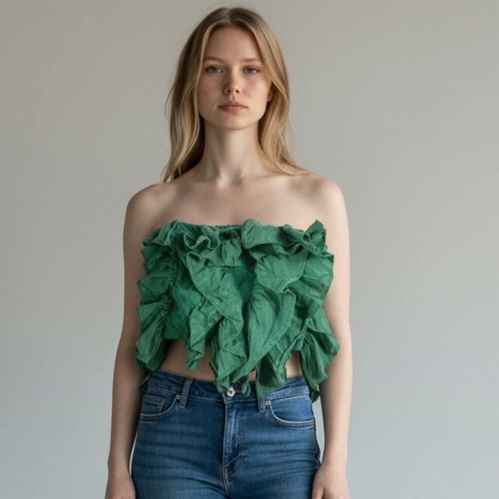 Anthropologie Smocked Ruffle Tube Top XS Strapless Crop Top Cottagecore Green